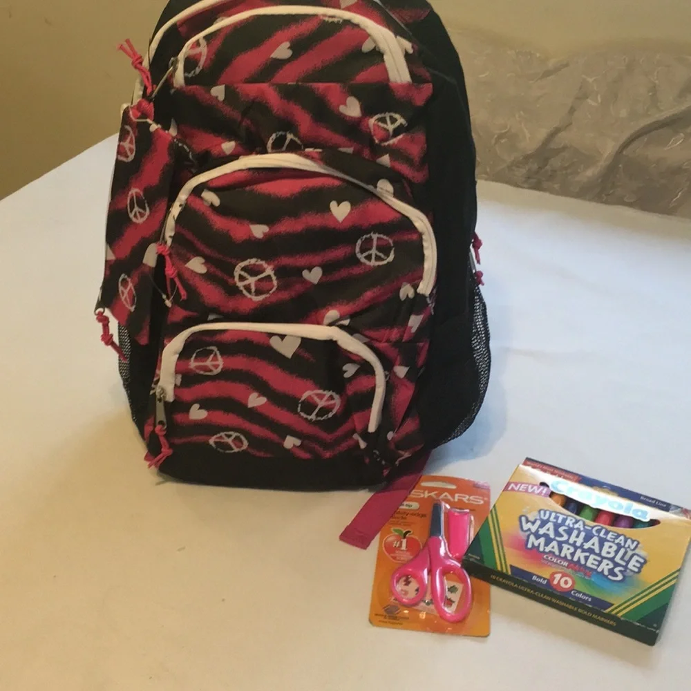 Backpack NEW 10 Pc Back to School Pink Hearts Peace signs markers scissors, More